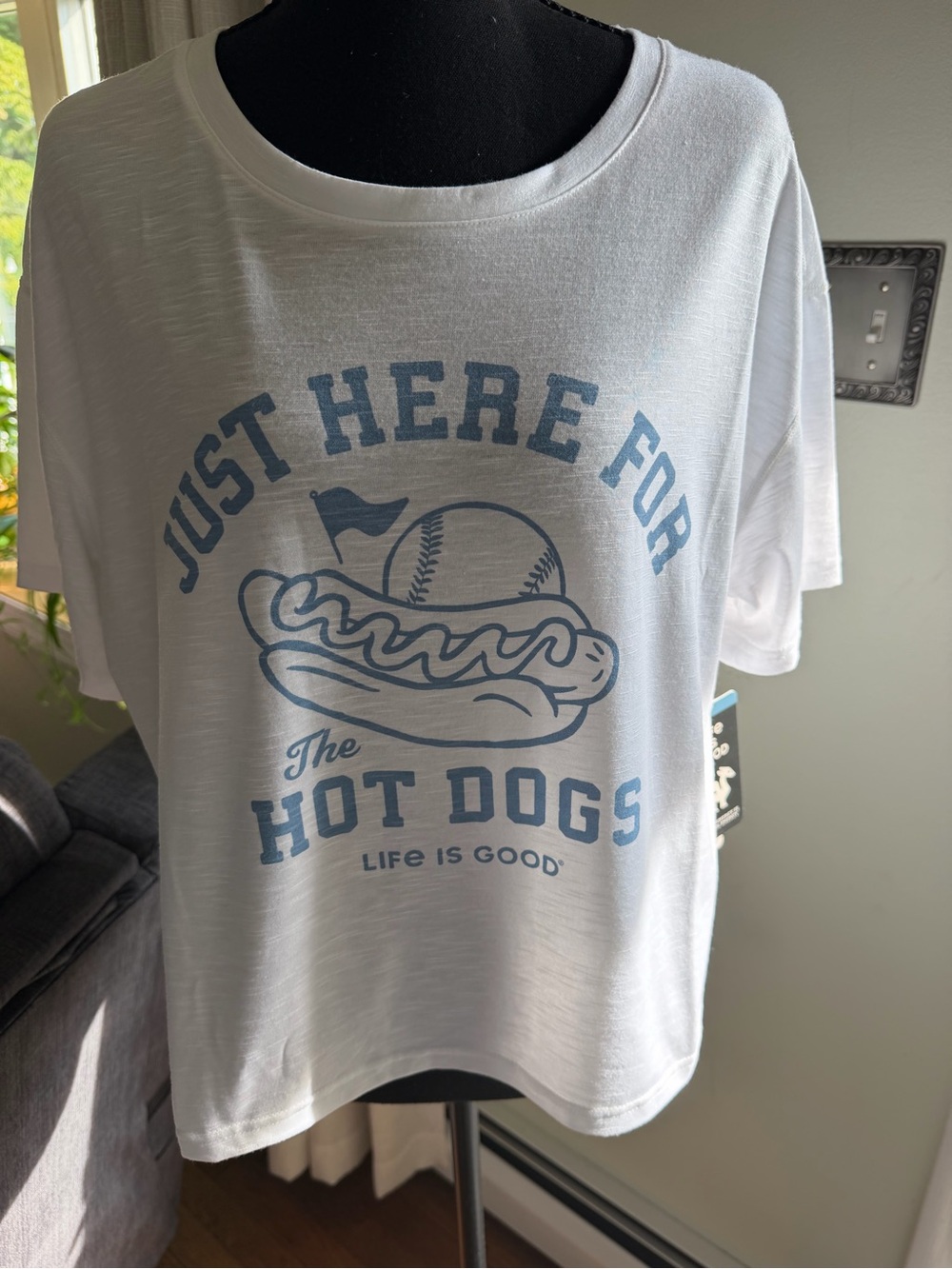 Life Is Good White T-Shirt with Light Blue Hot Dog Graphic